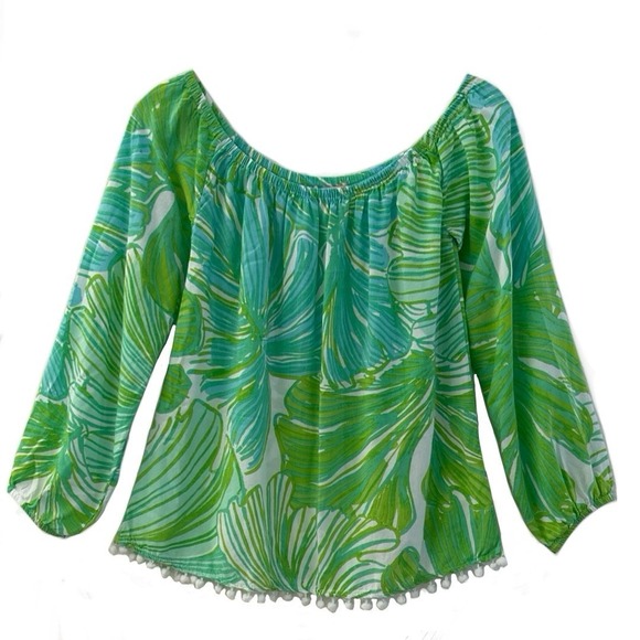 Lilly Pulitzer Enna Off-the-Shoulder Blouse Long Sleeve Pom Pom Hem Top‎ Size XS - Picture 2 of 8